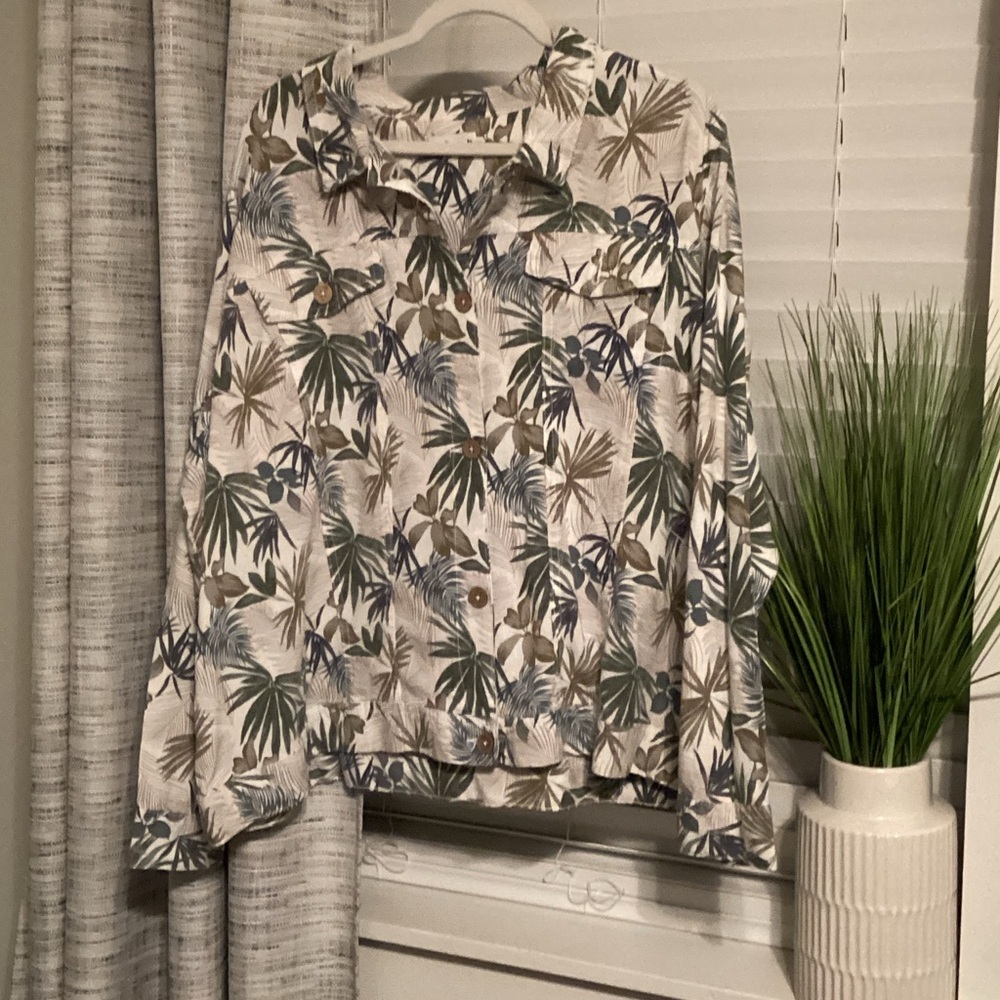 Dash-Tropical Leaf Print Button-Down Jacket 55%Linen - Picture 5 of 8